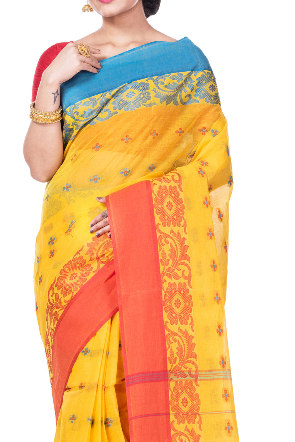 Yellow Pure Cotton Ganga Jamuna_Latapar Tant Saree (654)